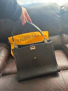Valentino Black Leather Top-Handle Satchel with Gold Hardware